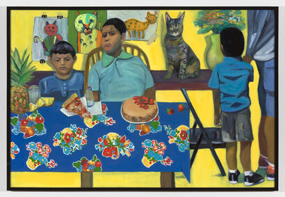 Cats & kids on Yellow,  oil on canvas, 43x65 inches, with frame - A Paint Artwork by jessica  alazraki