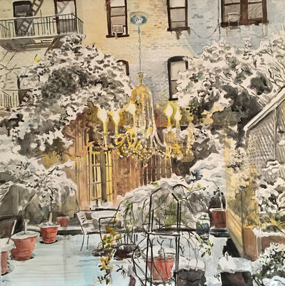 Inside/Outside: Brooklyn Garden First Snow - A Paint Artwork by Meridith McNeal