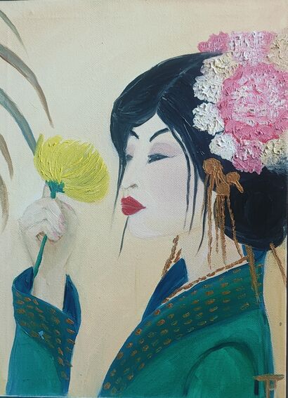 Imperial Lady Contemplating a Chrisanthymn - a Paint Artowrk by Teresa Pianta