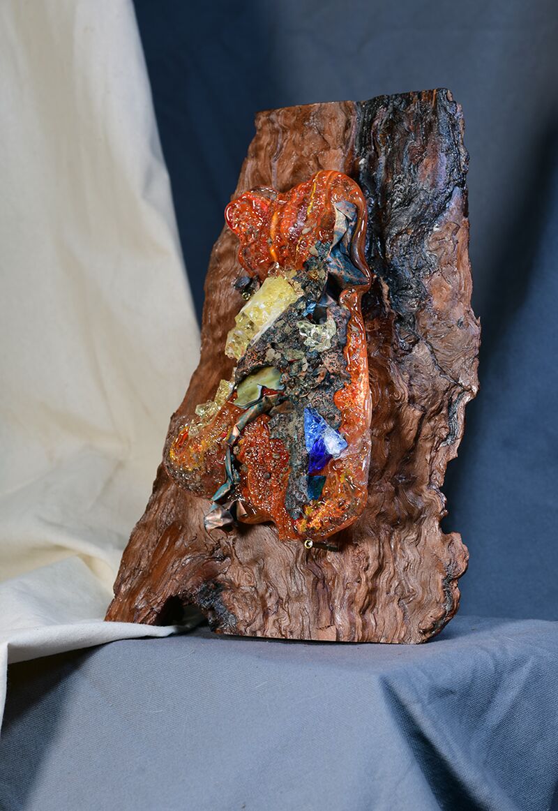 Glass Casting & Copper Splash On Redwood - a Sculpture & Installation by Bill Battaglia