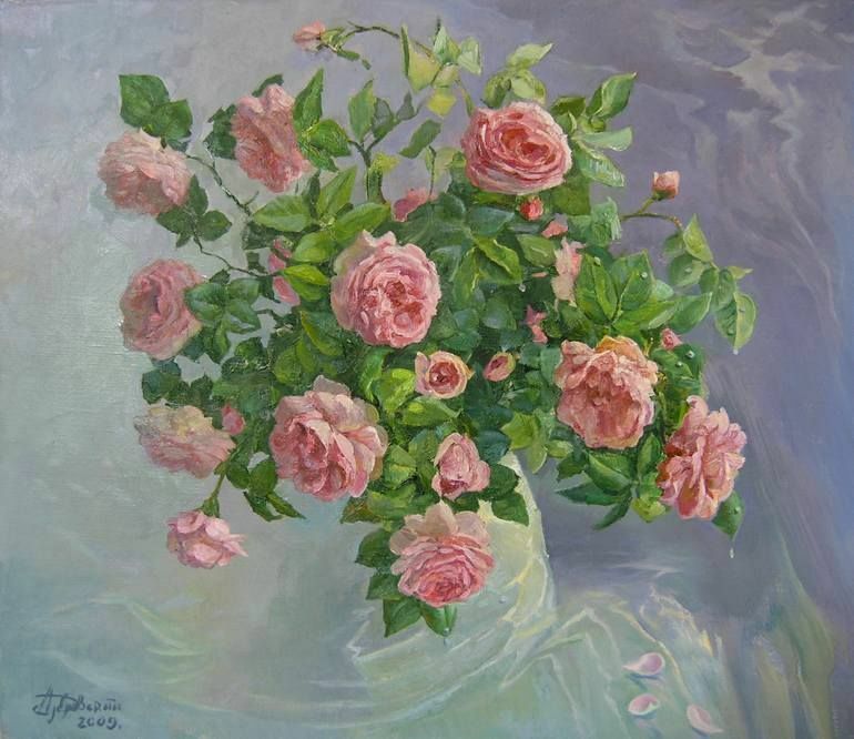 ROSES - Tea roses bouquet green leaves blue background Symbolic and allegorical art oil painting - a Paint by Aleksandr  Dubrovskyy