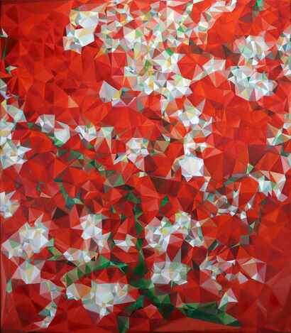 Mandorlo in fiore su fondo rosso - A Paint Artwork by Alberto Peppoloni