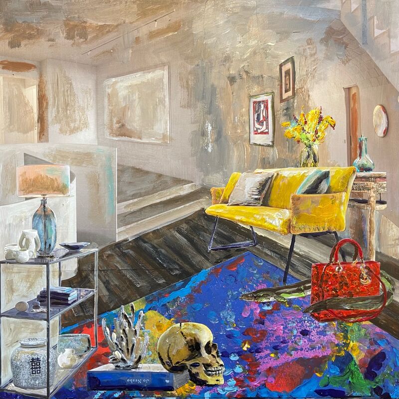 Vanitas  Interior with skull & Dior Bag in red - a Paint by Stephanie Bing