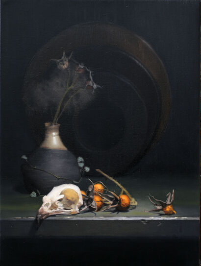 Still life with buzzard skull and rose hips - a Paint Artowrk by Falco Schilcher