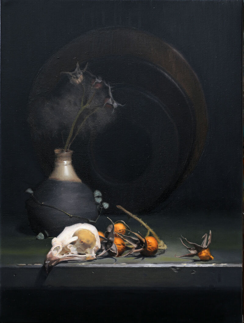 Still life with buzzard skull and rose hips - a Paint by Falco Schilcher