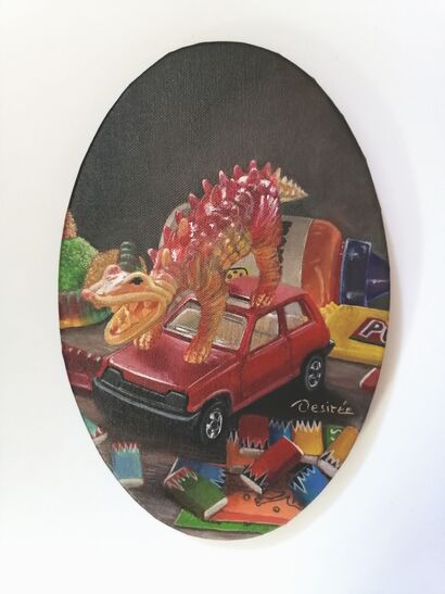 Still life with dinosaur and little car - a Paint Artowrk by Desiree JIMENEZ