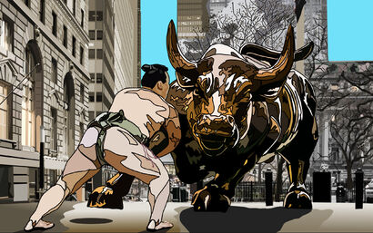 Bull fight in Wall Street - a Digital Art Artowrk by IGNACIO CAVERO