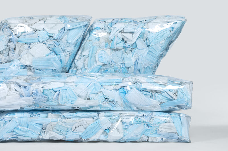 Couch-19 - an iceberg-shaped modular pouf made with single-use masks collected from the streets - a Art Design by Tobia Zambotti