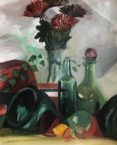 Green Glass Still Life - a Paint Artowrk by Annie Miller