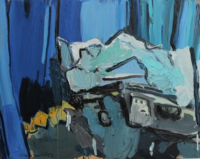 Blue Curtain and the Bed - A Paint Artwork by Diana Savostaite