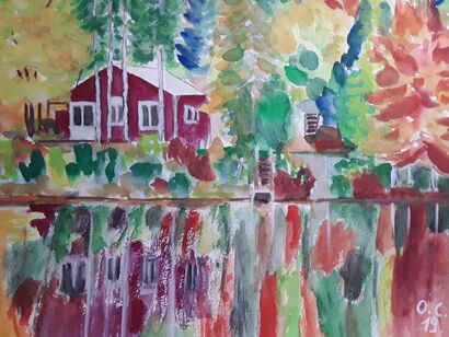 Rote Haus am Fluss - A Paint Artwork by Oscar Campello