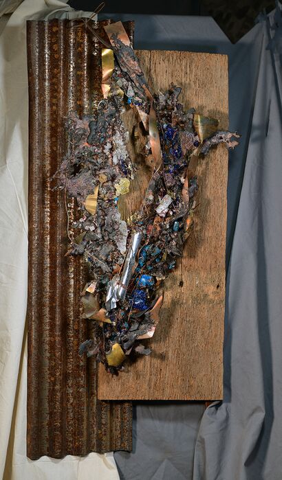 Splash Copper & Glass On Reclaimed Wood Wall Sculpture - a Sculpture & Installation Artowrk by Bill Battaglia