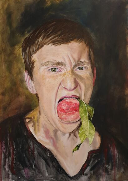 A boy with a peach - A Paint Artwork by Julia Vannetti 