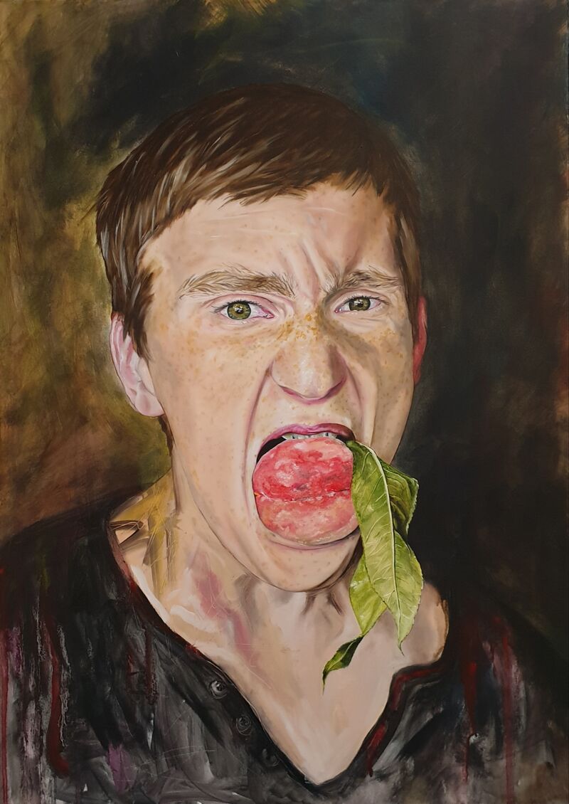 A boy with a peach - a Paint by Julia Vannetti 