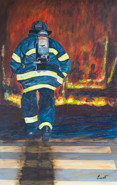 Bombero al rescate en un incendio pintado por Ernest Carneado Ferreri - A Paint Artwork by Ernest Carneado Ferreri
