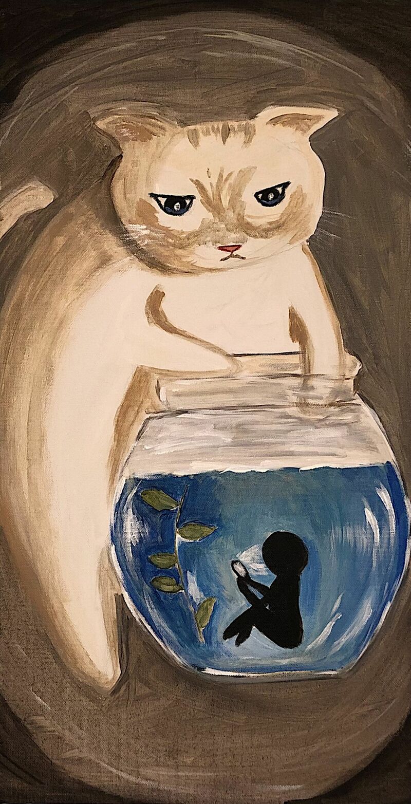 A cat and a man who is scrolling his phone - a Paint by Anita Hsu
