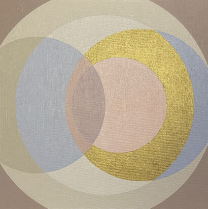 Rotations of Circles in powder pink, sugar paper blue, sand, dove grey & gold - A Paint Artwork by Laura Rota