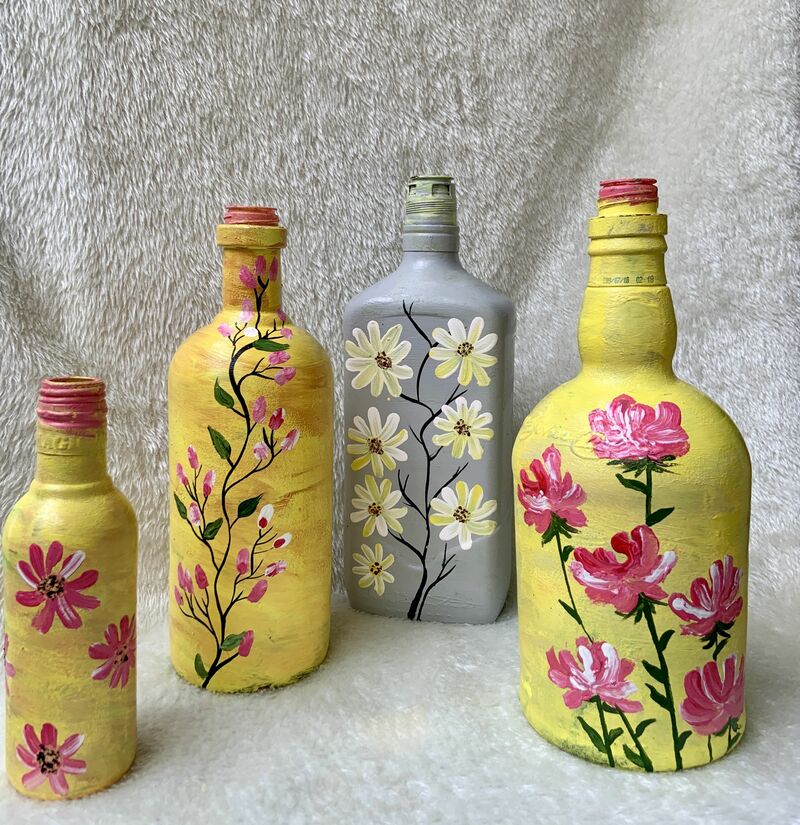 Pack of 4 -grey / yellow floral : hand crafted bottle - a Art Design by The Creative Momy The Creative Momy