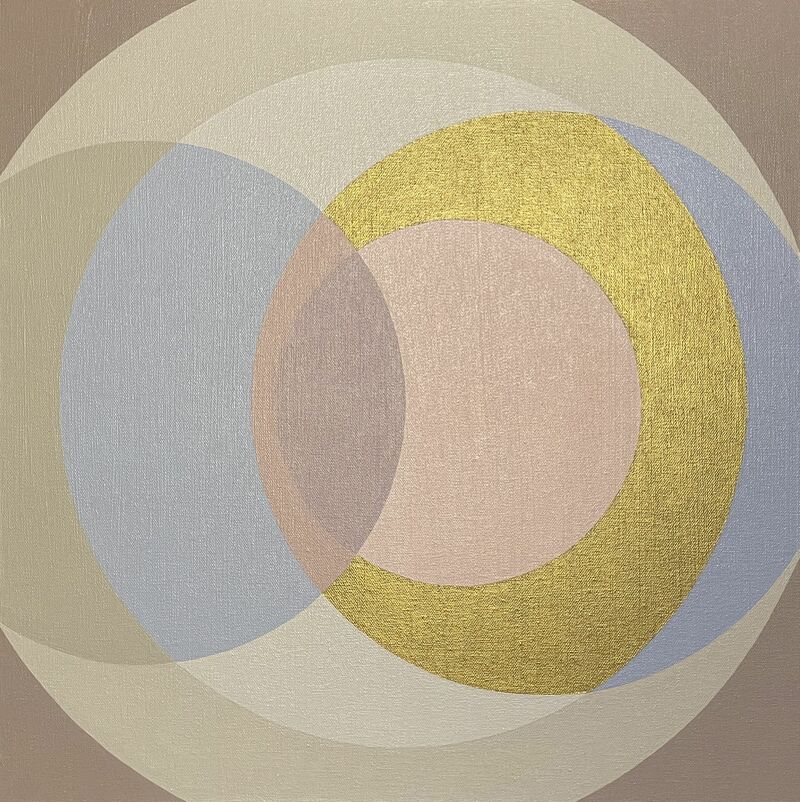Rotations of Circles in powder pink, sugar paper blue, sand, dove grey & gold - a Paint by Laura Rota