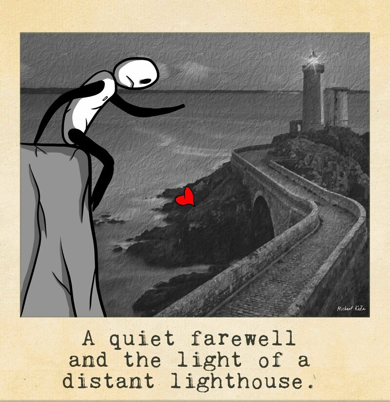 A quiet farewell and the light of a distant lighthouse - a Digital Graphics and Cartoon by Michael Kaza