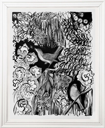 Giardino con pettirossi e fiori di eucliplto - a Paint Artowrk by Serena Bellini