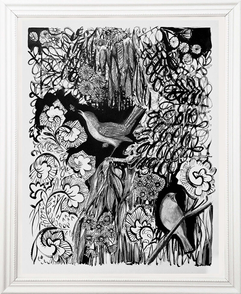 Giardino con pettirossi e fiori di eucliplto - a Paint by Serena Bellini