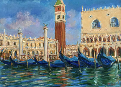 GONDOLAS NEAR PIAZZA SAN MARCO - original oil painting, cityscape of Venice, Italy - A Paint Artwork by Karakhan Seferbekov