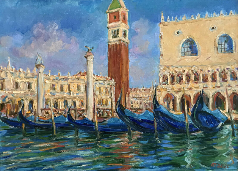 GONDOLAS NEAR PIAZZA SAN MARCO - original oil painting, cityscape of Venice, Italy - a Paint by Karakhan Seferbekov