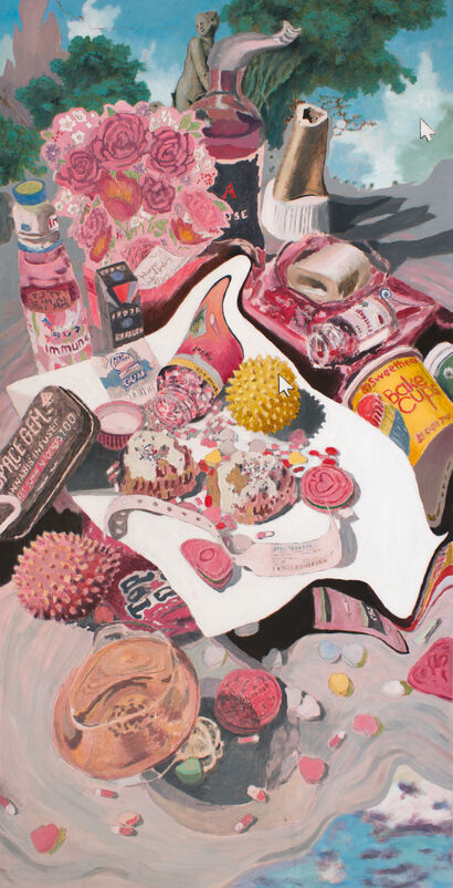 Still Life with Pills and Heart-Shaped Cakes (February)  - a Paint Artowrk by Slate Quagmier